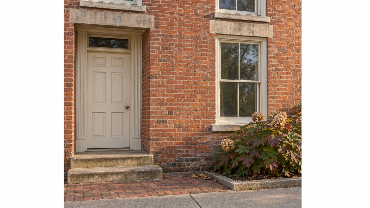 Weathered red brick home with cream timber sash windows, an ivory paneled entry, sandstone steps, and an oakleaf hydrangea.