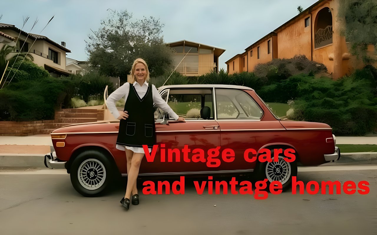 A blonde woman in a vintage-style black dress leans against a classic red car in a suburban neighborhood.