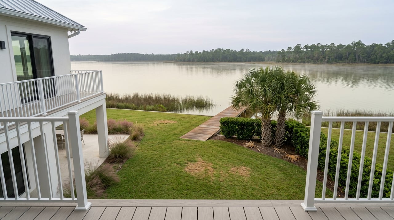 A diagonal wooden boardwalk crosses a green lawn toward still water, framed by palms, shoreline reeds, and distant trees.