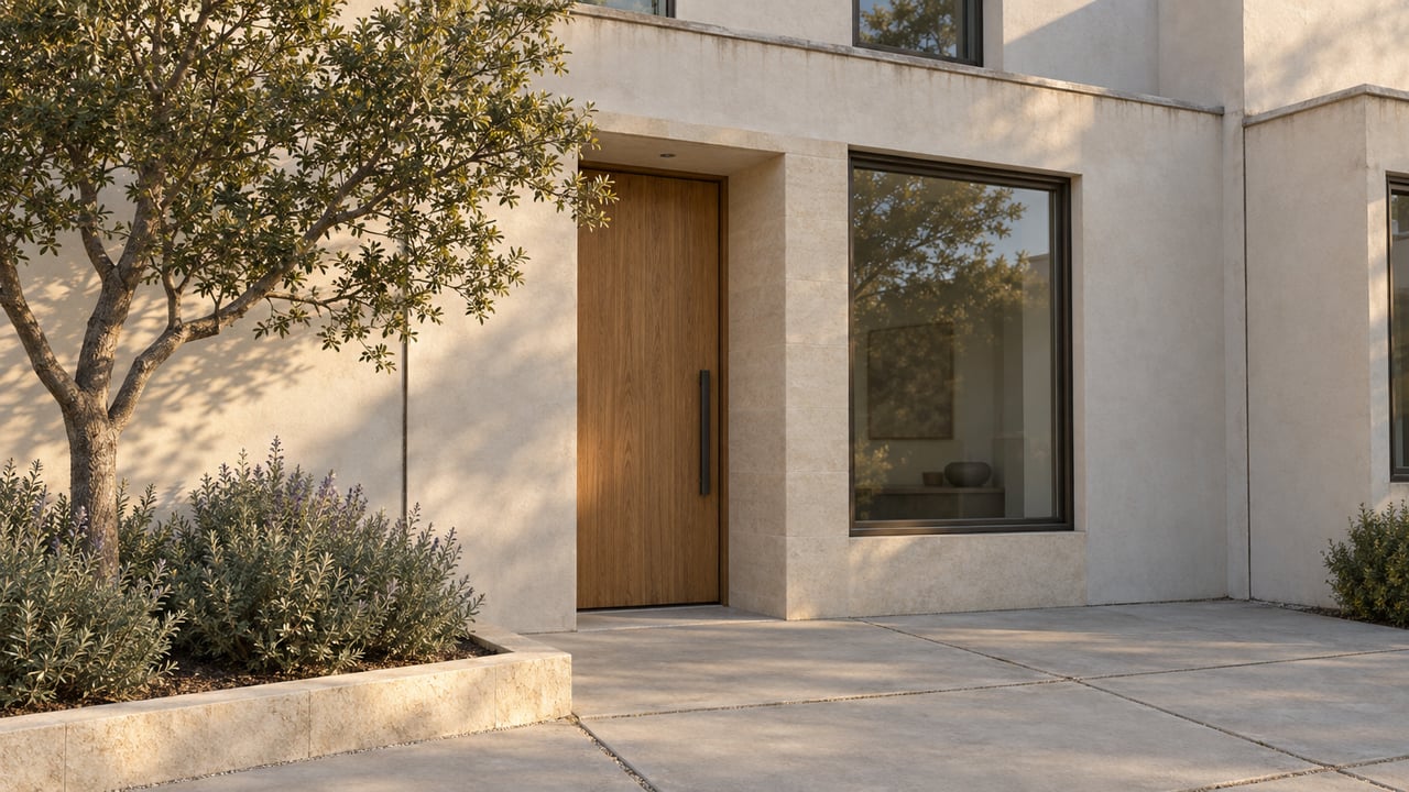 Attached home with a recessed oak door, limestone surround, and an oak tree in a raised planter.