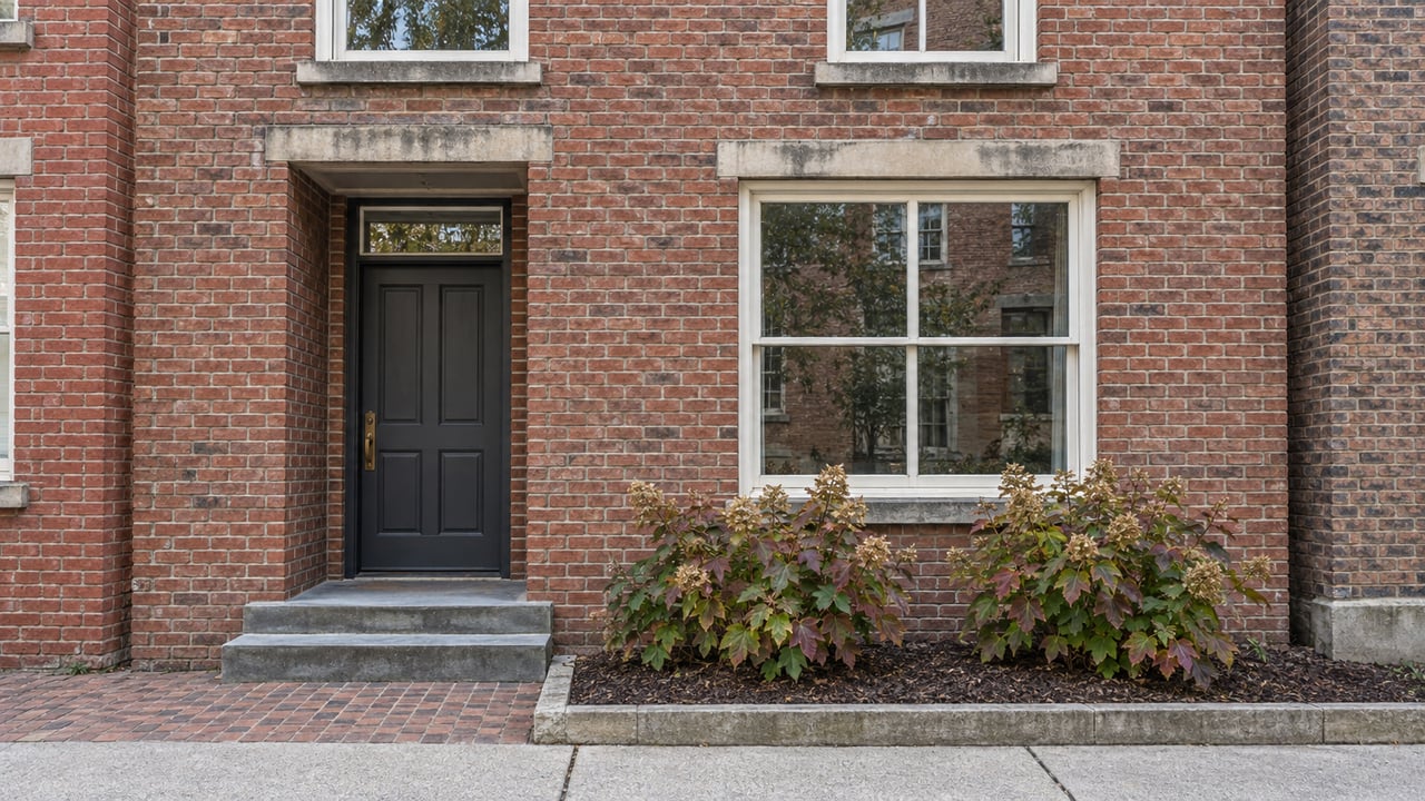 Red-brown brick townhome with ivory sash windows, a charcoal entry door, worn bluestone steps and oakleaf hydrangeas.