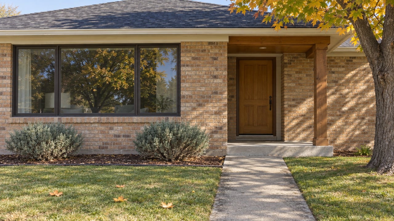 Brick ranch frontage with a timber entry door, broad window, autumn maple and a concrete walk through the lawn.