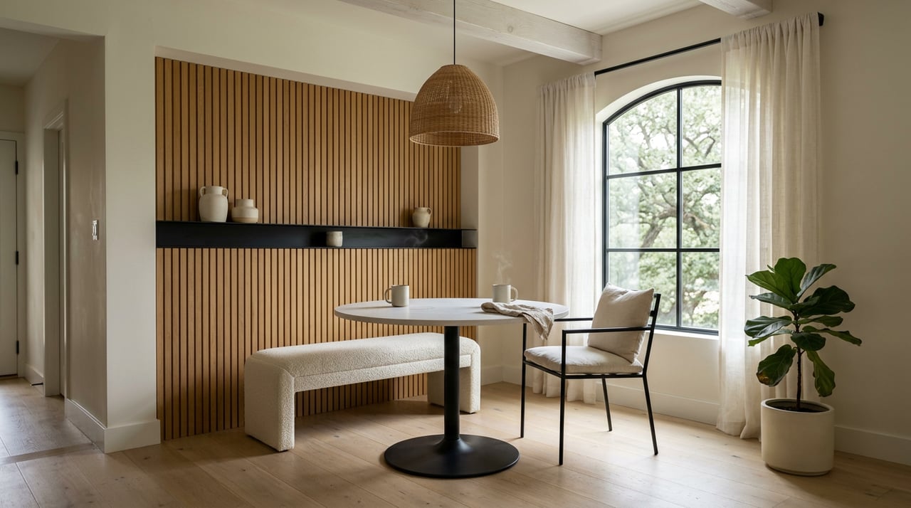Breakfast nook with a round quartz table, bouclé bench, rattan pendant, and arched window overlooking leafy trees.