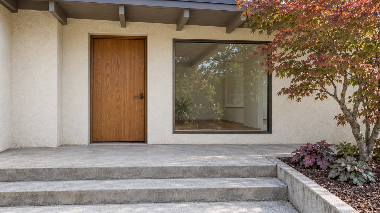 Oak front door and bronze-framed window beneath a broad eave, with worn concrete steps and a Japanese maple beside an ivory stucco home.