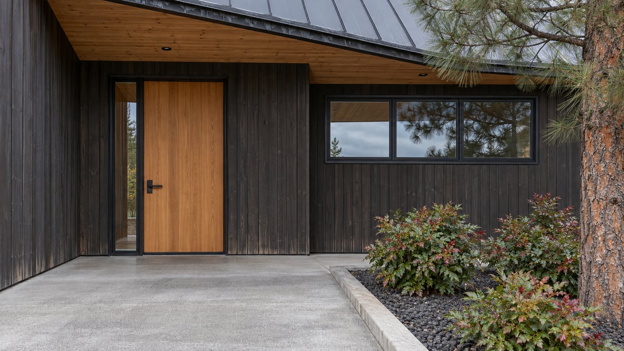 A wood entry door beneath a timber-lined roof beside charcoal siding, black-framed windows and a planted gravel bed.
