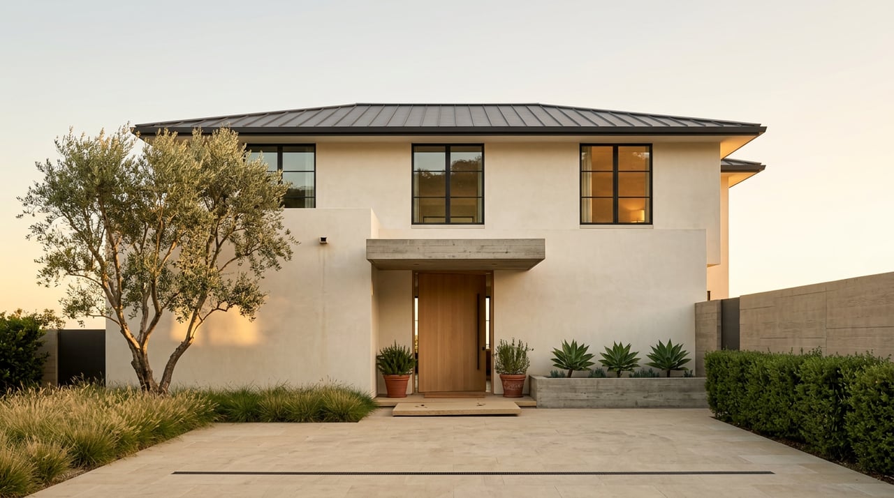 Two-story ivory-plaster estate with a tall oak entry door, olive tree, and limestone motor court.
