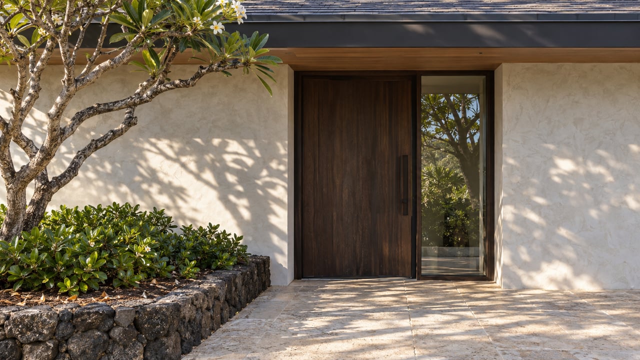 Townhouse entry with a dark wood door, glass sidelight, and plumeria tree beside a lava-rock planting bed.