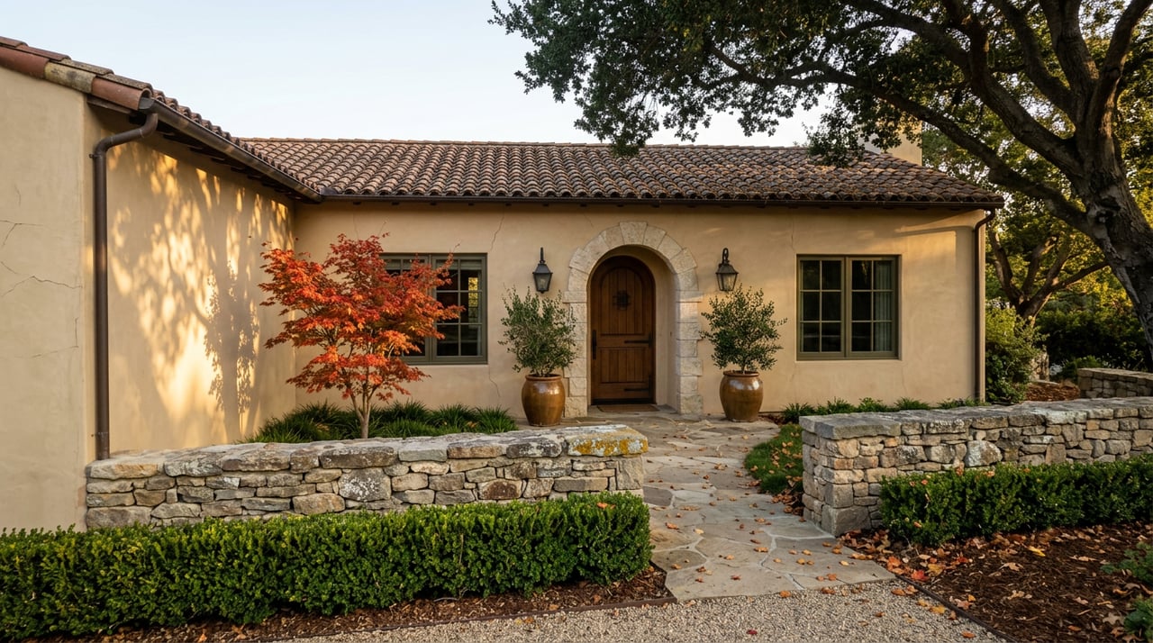Stucco courtyard with an arched limestone entry, stone wall, terracotta roof, and oak canopy.