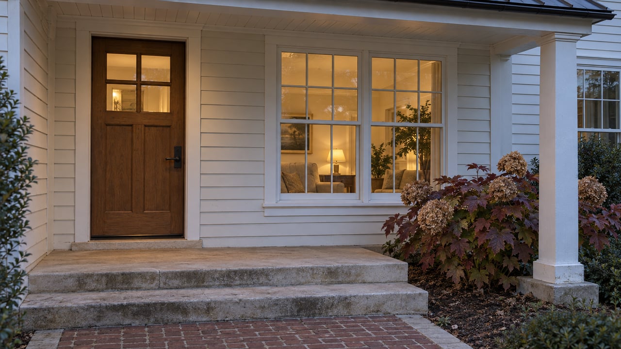 A softly lit white clapboard home's oak front door and warm window at dusk, above a limestone stoop and brick walk.