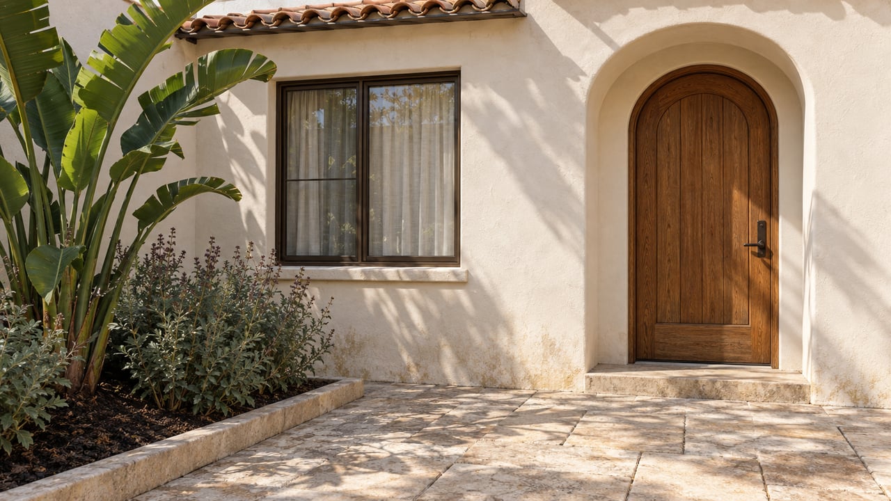 Sunlit stucco courtyard with an arched oak entry, clay tile eave, limestone paving and sculptural planting.