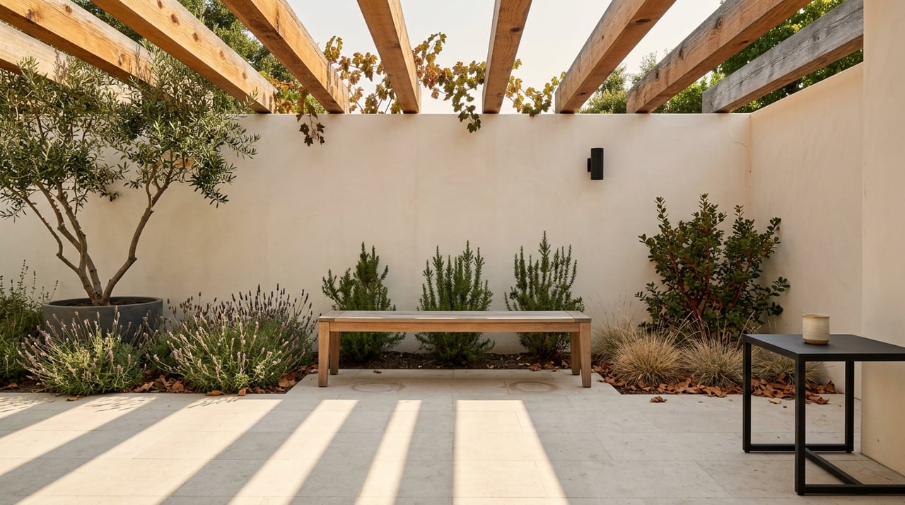 Teak bench beneath a cedar pergola, with striped shadows across limestone pavers and lavender along the stucco wall.