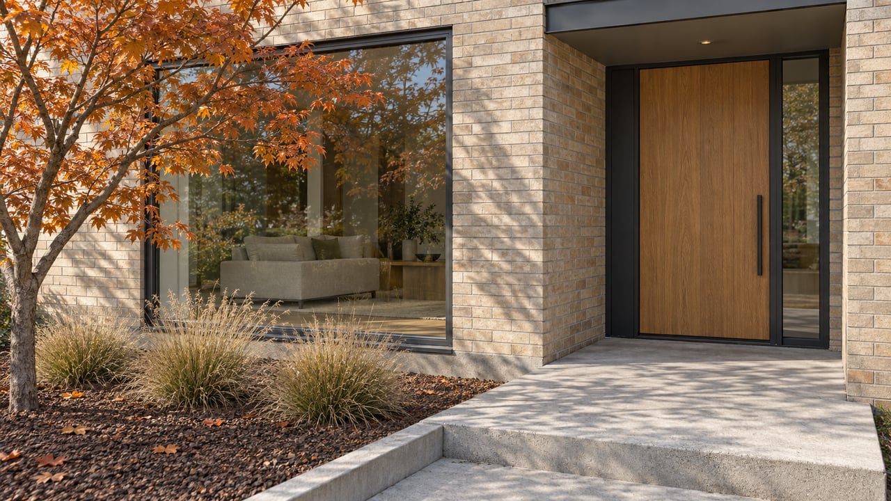 Contemporary buff-brick home entry with charcoal-framed glass, a concrete approach, and a small maple in copper-orange autumn foliage.