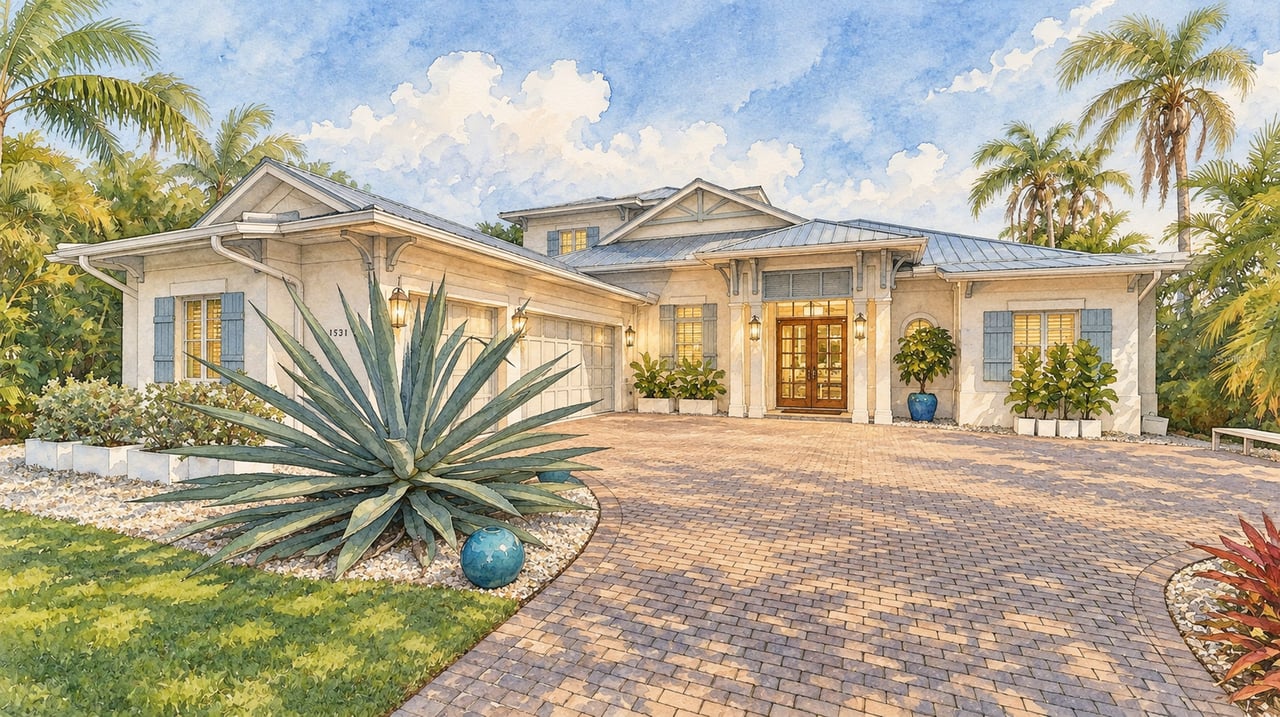 Florida home with blue shutters, a metal roof, tropical landscaping, and a wide brick-paver driveway.