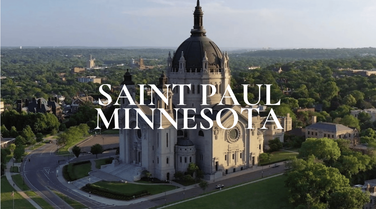 Saint Paul, Minnesota, with the Cathedral of Saint Paul rising above tree-lined neighborhoods.