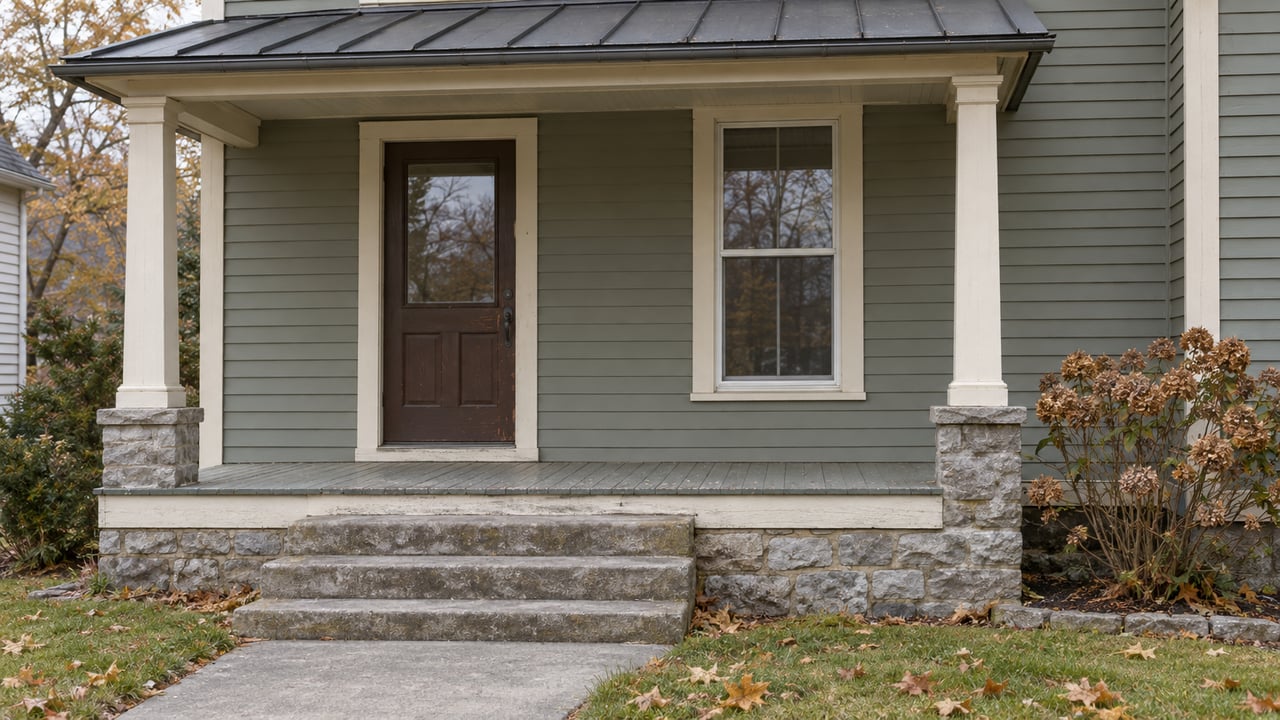 Gray-green clapboard house entry with a covered porch, worn stone steps, dried hydrangea flowers and autumn leaves beside the walk.