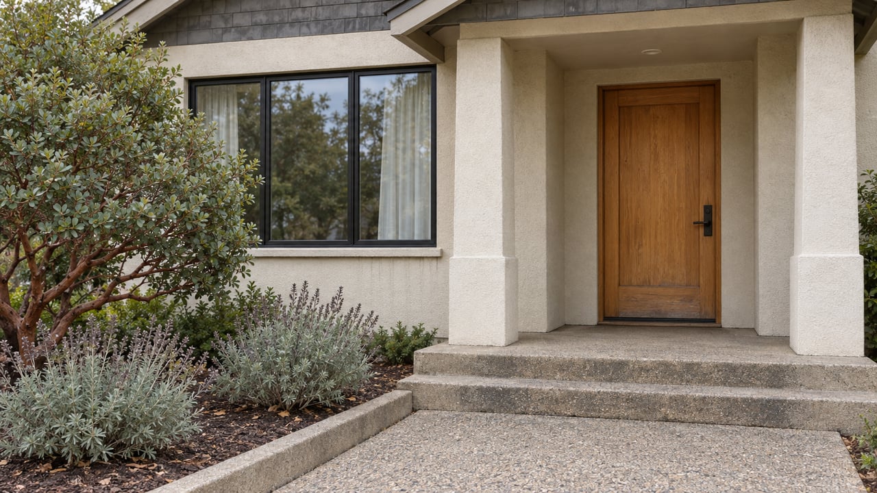Pale stucco home with a recessed oak front door, charcoal roof, broad window and textured concrete steps beside manzanita and sage.