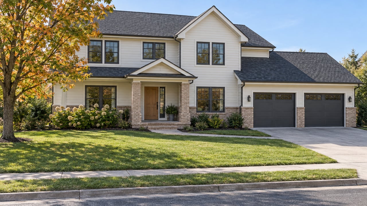 Light-sided two-story home with buff brick porch, a deep front lawn, amber maple and concrete driveway meeting a suburban curb.