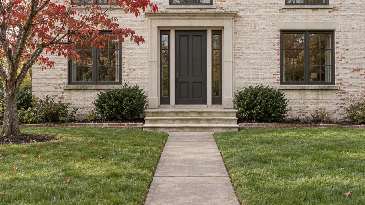 Cream-brick house with a dark central door, gridded windows, and a narrow path through lawn.