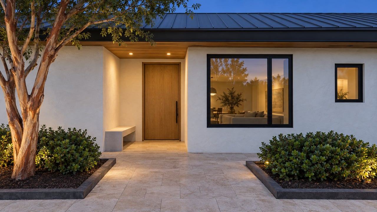 White stucco coastal home with an oak entry door, two lit porch lights, and limestone pavers at blue hour.