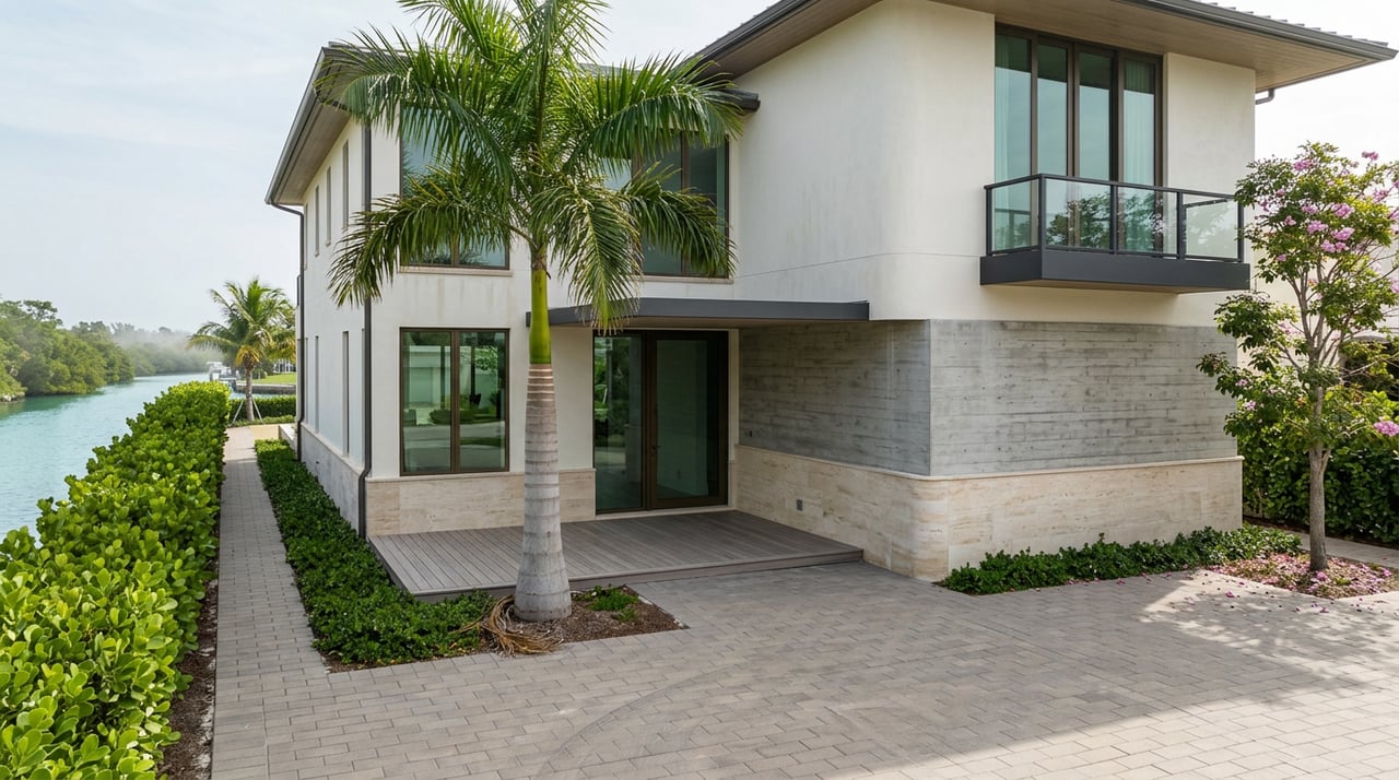Two-story coastal home with a cantilevered balcony, palm-lined paver court, and a narrow turquoise canal.