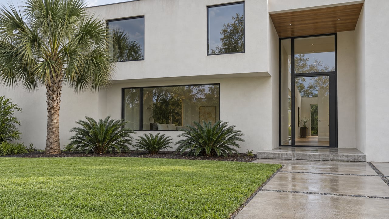 Contemporary white stucco home with charcoal-framed glazing, a deep lawn, sculptural palm and rain-darkened concrete approach.