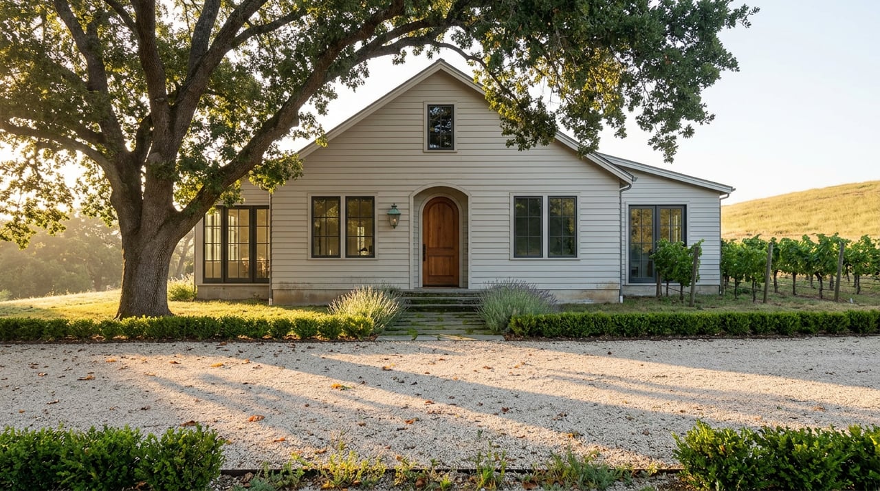 Country estate with an arched wooden entrance, gravel drive, mature oak, and vineyard rows.