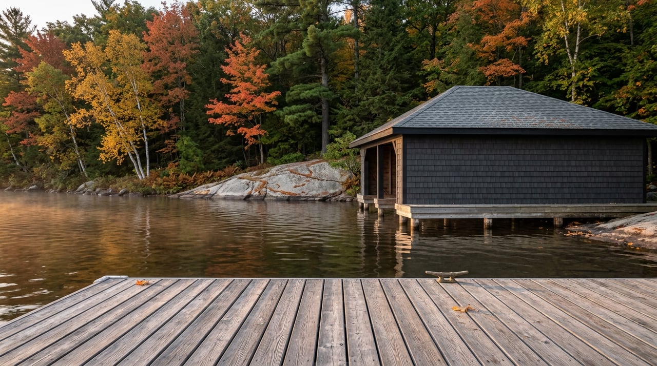 Weathered cedar dock beside a shingled boathouse, calm lake, granite shore, and autumn-colored forest.