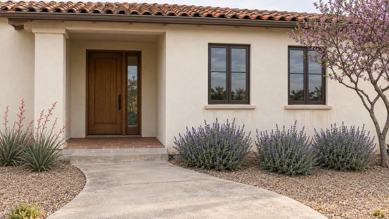 Cream stucco house with a recessed porch, terra-cotta roof, curving path, and drought-tolerant plantings.