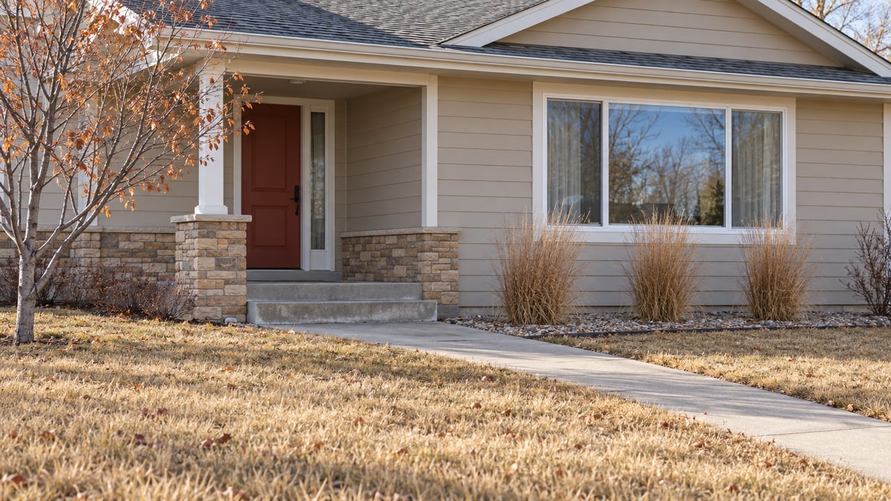 Autumn sunlight on a beige-sided ranch entrance with a rust-red door, stone porch base, dormant lawn and ornamental grasses.
