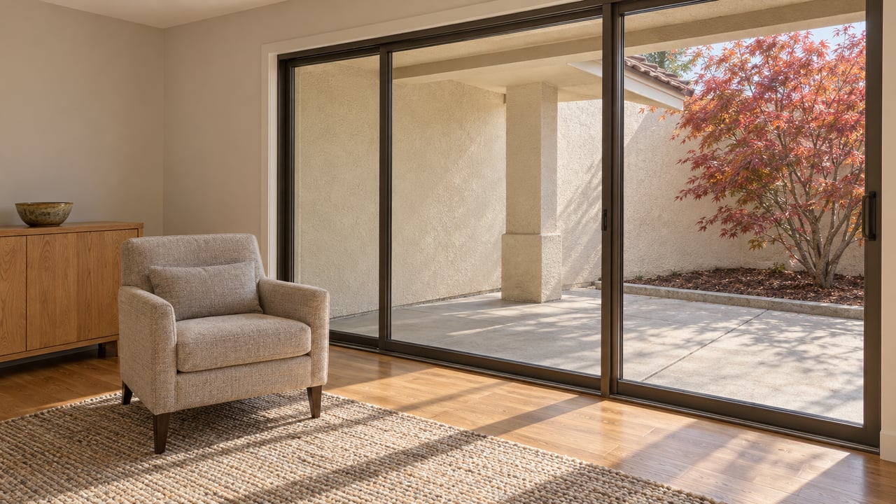 Sunlit living room with an oatmeal armchair, oak flooring and closed glass doors overlooking a covered stucco patio.