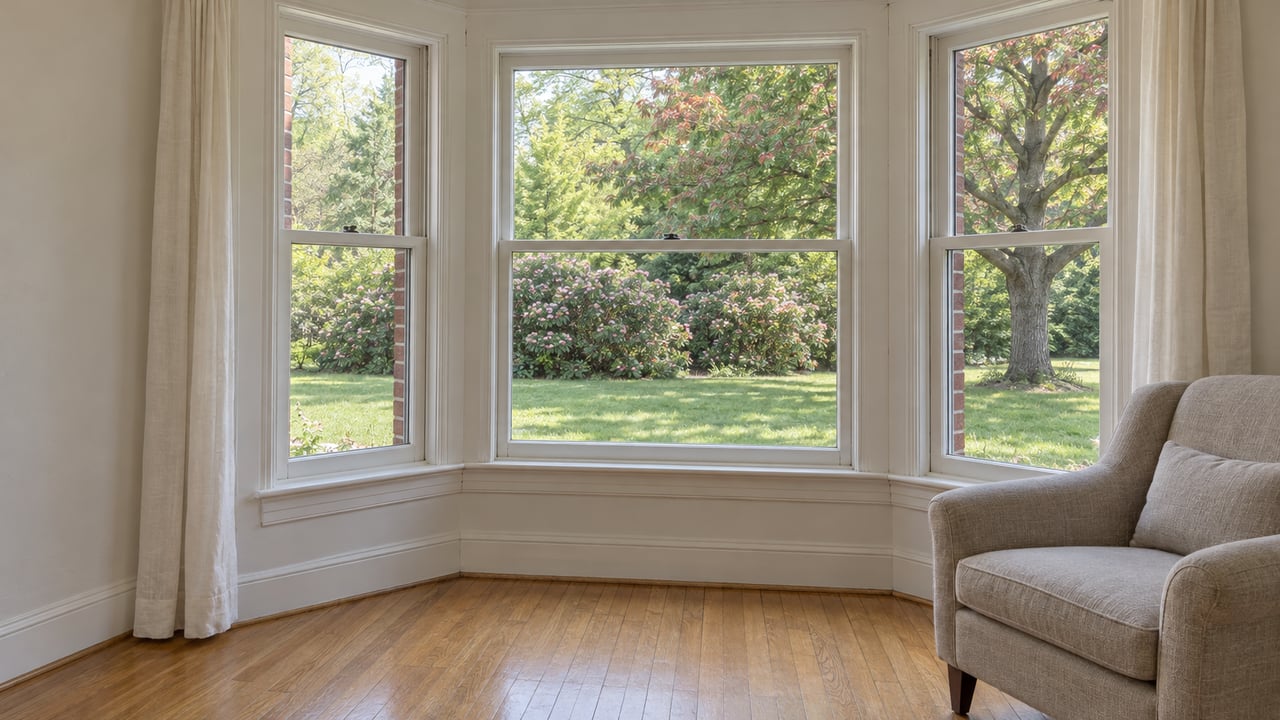 Daylight enters a three-sided bay with painted timber windows, linen curtains, oak floors and a wool armchair overlooking a planted front lawn.