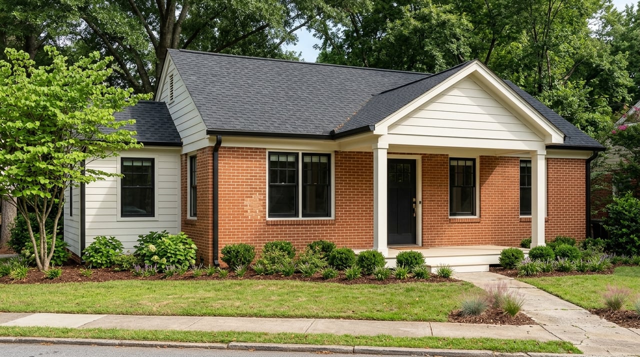 Renovated brick-and-siding house exterior with a canopy, viewed from an angle.