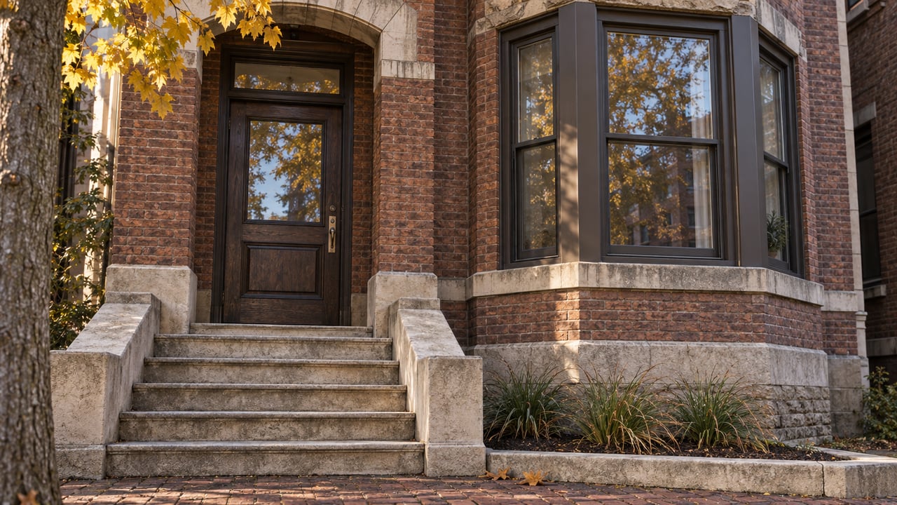 Morning light across a russet brick home's limestone stoop, glazed oak entry door, and projecting bay window beneath golden maple leaves.
