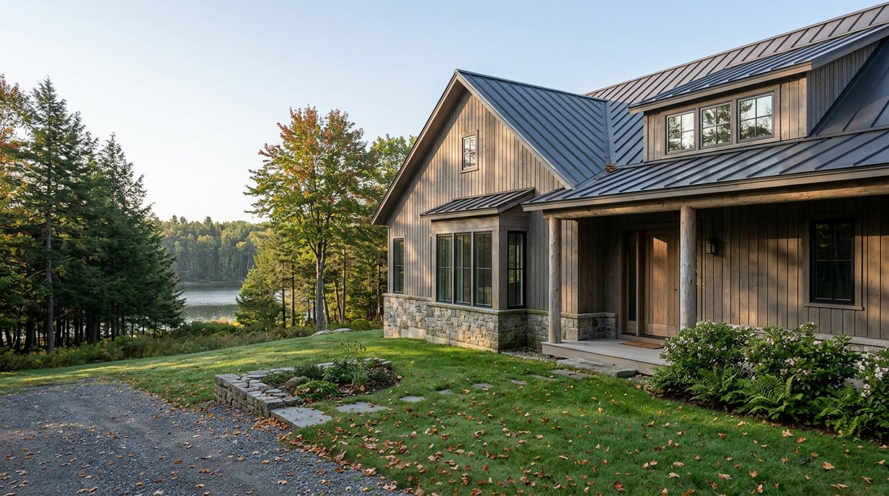Cedar-sided home beside a wooded slope, with a narrow glimpse of lake water beyond the lawn.