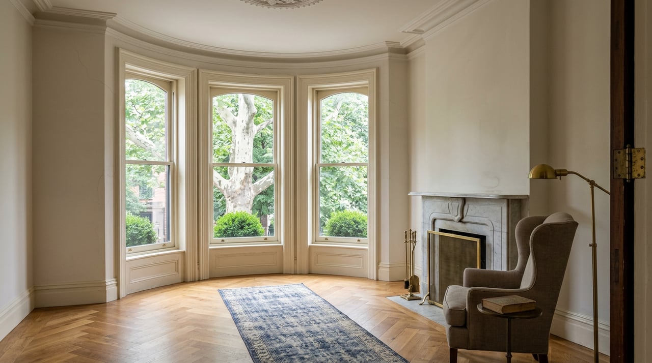 Parlor with a three-window curved bay, marble fireplace, linen wingback chair, and plane tree visible outside.
