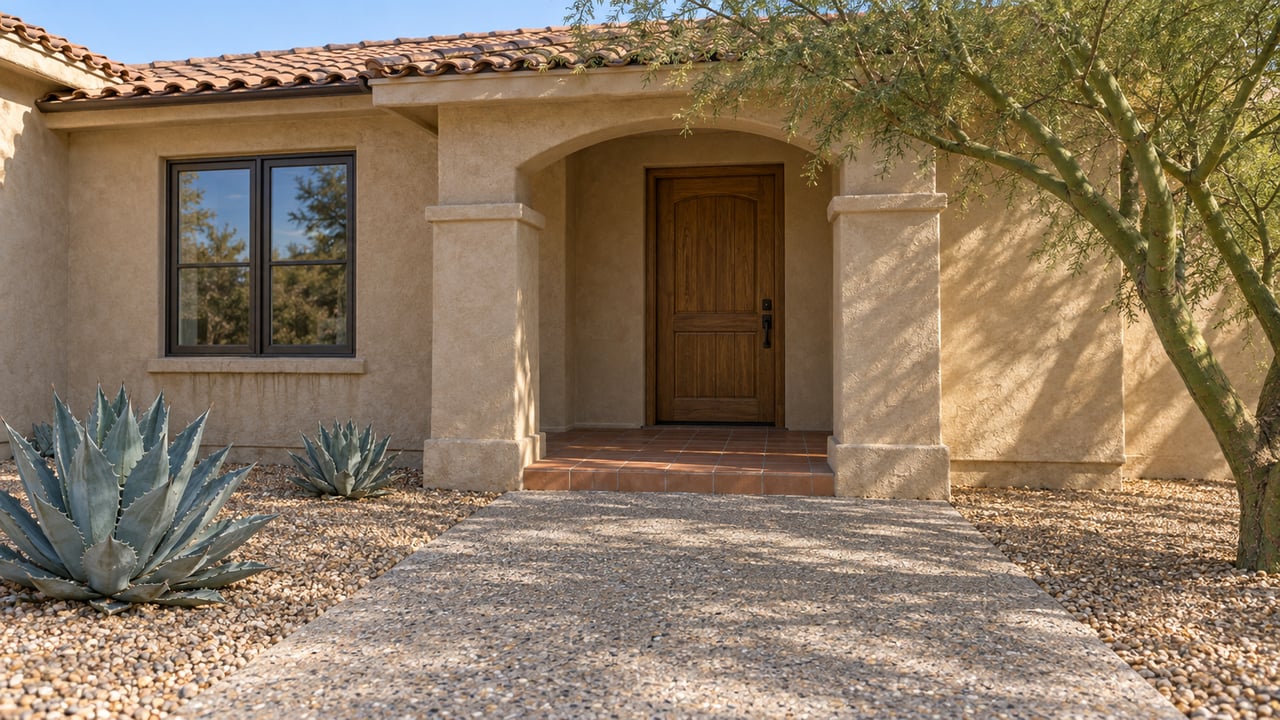 Warm morning light across an arched stucco home entrance, clay tile roof, concrete approach, and sculptural desert planting.