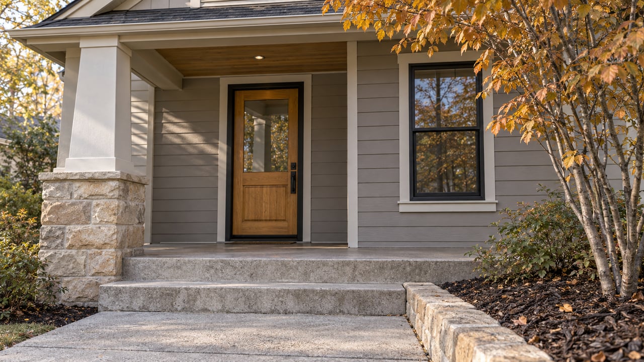 Afternoon light on a clapboard home's covered entry, sandstone porch pier, concrete steps, and autumn serviceberry.