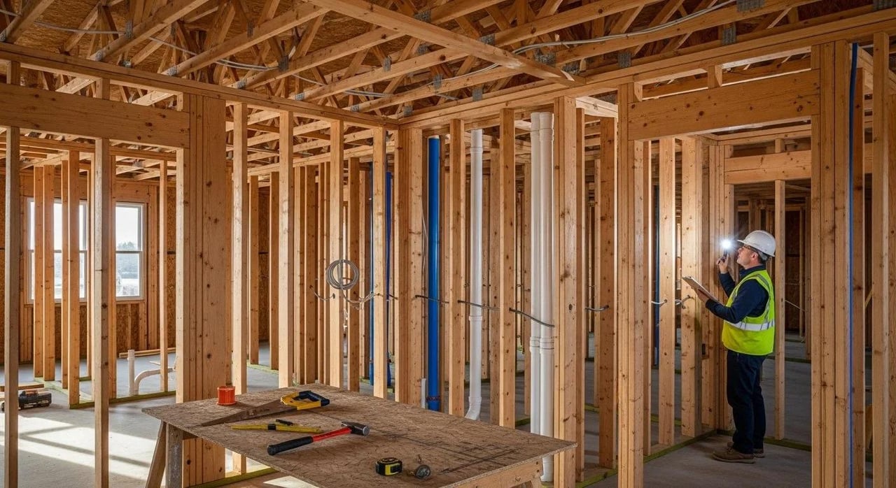 House under construction with exposed wood framing, plumbing rough-ins, and a worker inspecting the interior.
