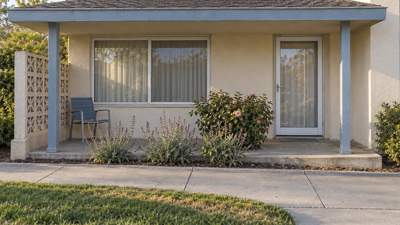 Cream stucco single-story home with a shaded patio, pale-blue fascia, concrete breeze-block screen and established planting beside a pedestrian walk.