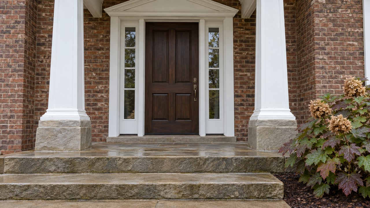Brick house entrance with white columns, a brown timber door, sandstone steps and autumn oakleaf hydrangea.