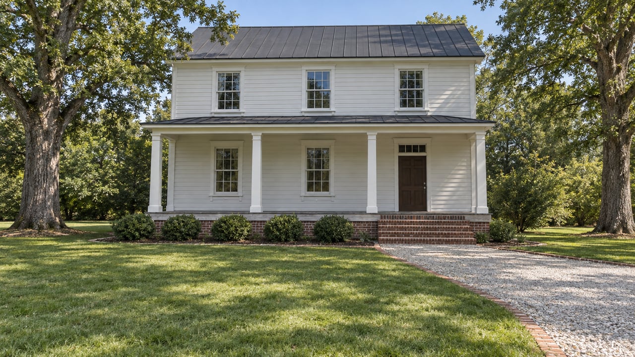 Light-sided two-story home with a deep columned veranda, brick entry steps, gravel approach, and mature white oaks across a broad lawn.