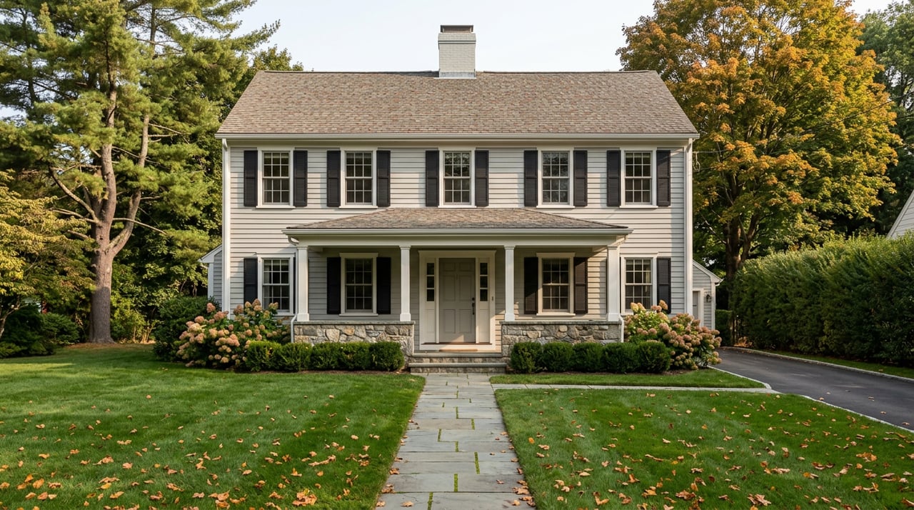 Two-story gray clapboard home with black shutters, a fieldstone-columned porch, bluestone walkway, and leafy trees.