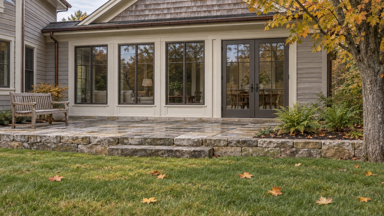 Gray clapboard home with enclosed sunroom, paired glass doors and a limestone terrace above an autumn lawn.