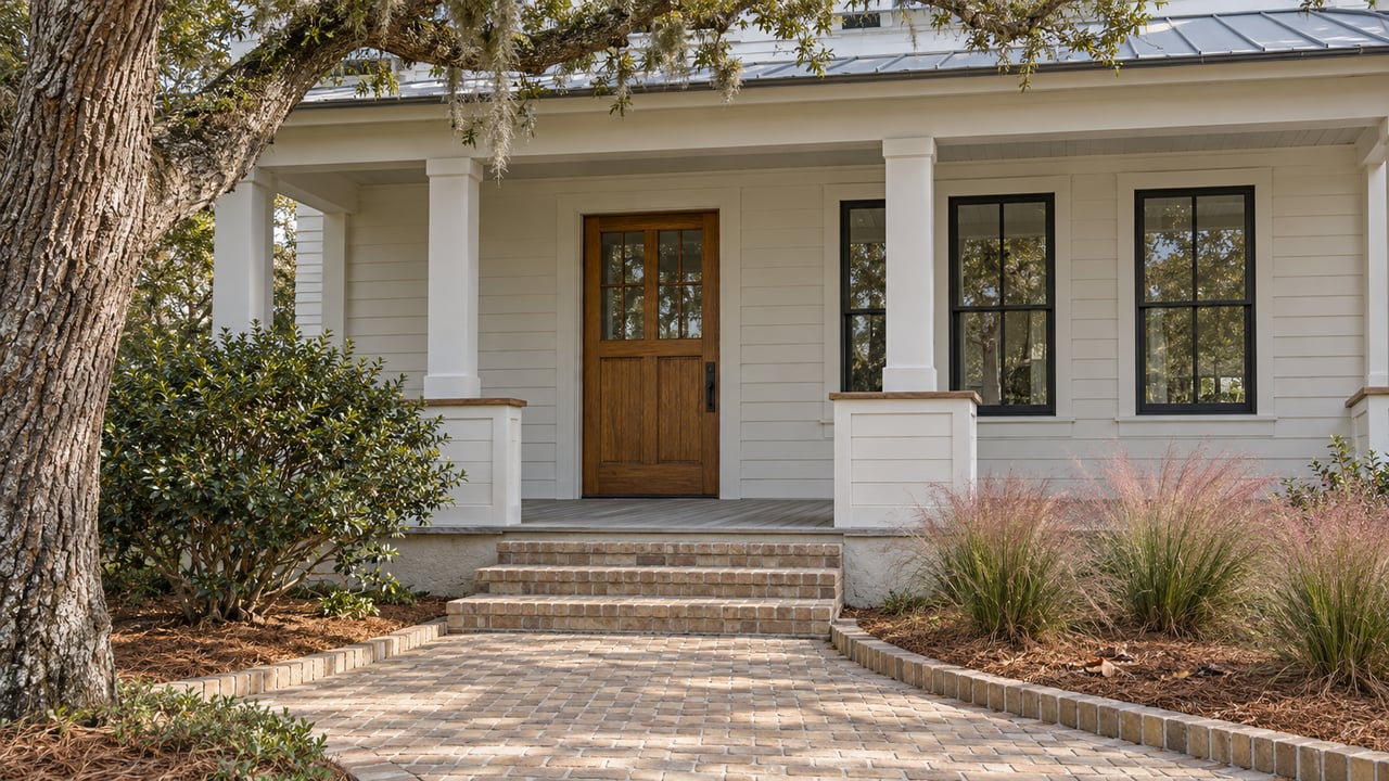 Raised white coastal home with a timber porch, brick entry steps, black-framed windows and a spreading live oak.
