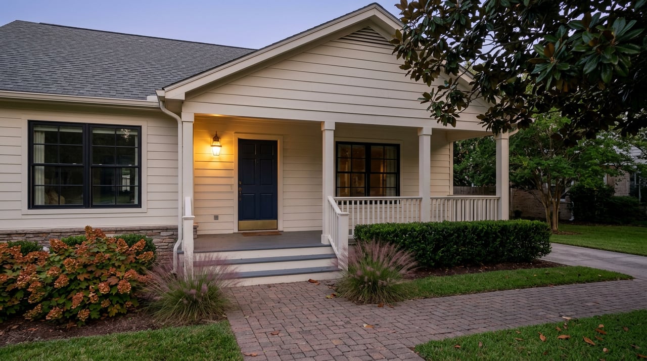 Cream-sided house with a navy front door, glowing brass porch light, and magnolia branches against dusk sky.