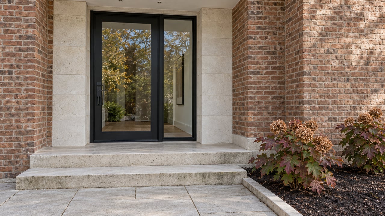 Renovated brick home entry with pale limestone steps, a black-framed glass door and two autumn oakleaf hydrangeas.