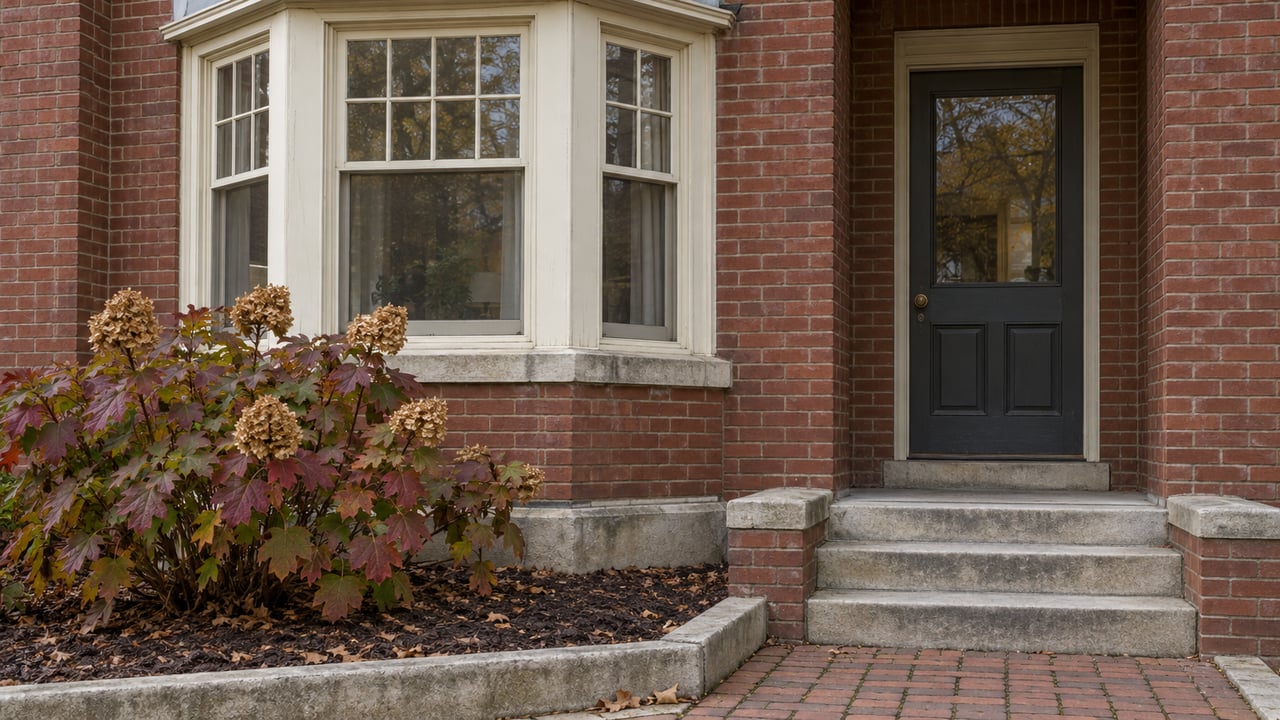 Red brick home with ivory bay windows, a recessed charcoal door, worn limestone steps and autumn oakleaf hydrangea.