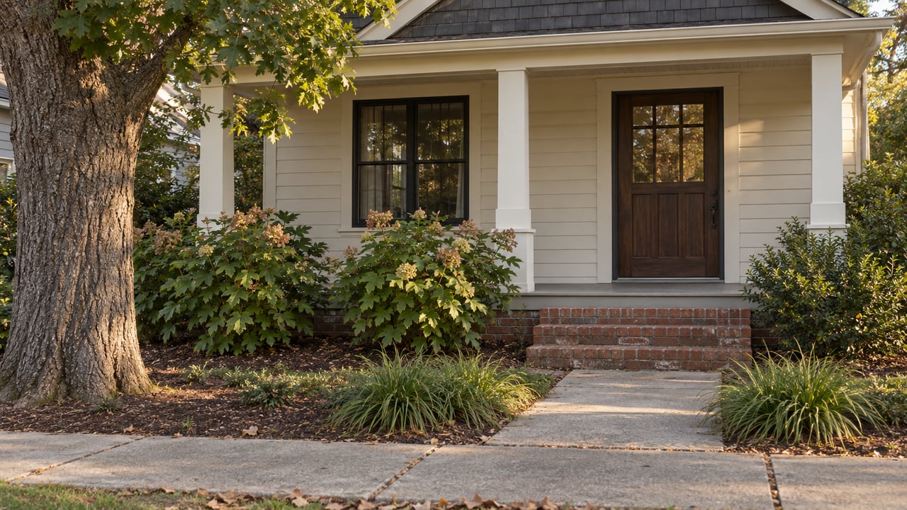 Cream-sided house with a dark timber door, red-brick steps, oak tree, and hydrangeas beside the sidewalk.