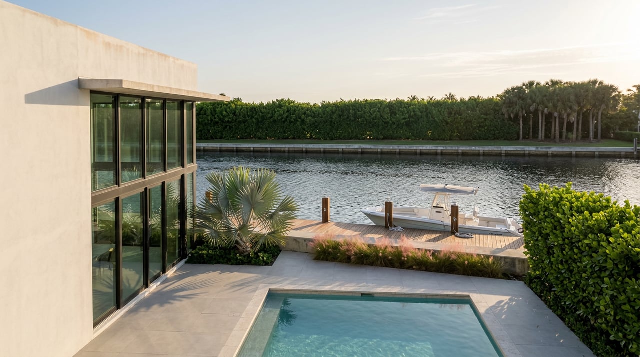 Waterfront terrace and pool overlook a canal, with a boat moored at the dock.