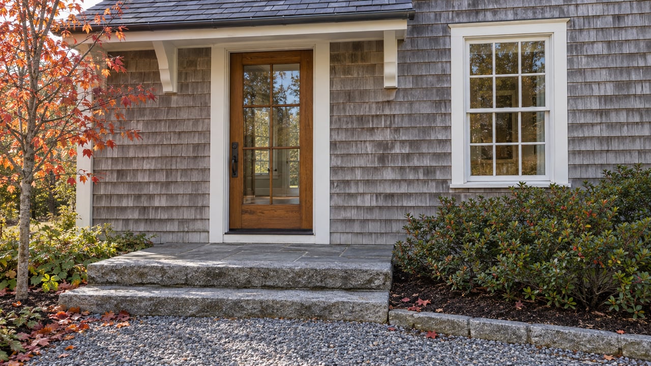 Cedar-shingled cottage entry with a glazed timber door, granite steps, and sparse orange-red leaves.